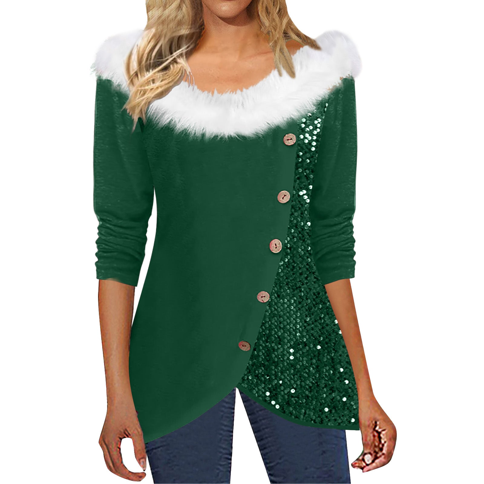 Sequin Fur Collar Off-Shoulder Long Sleeve Top