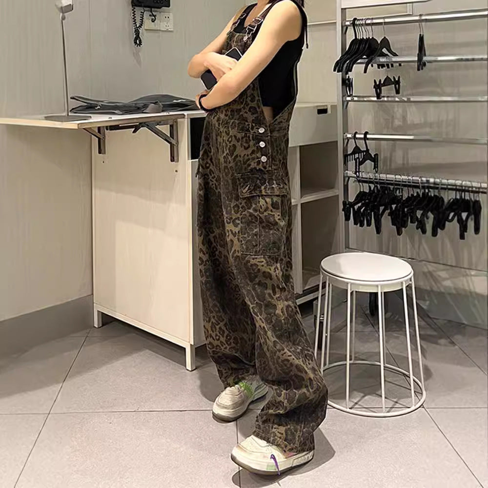 Retro Leopard-Print Denim Overalls For Women