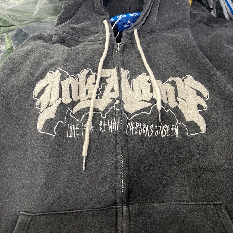 Handdrawn Letter Loose Long Sleeve Zip Cardigan Hoodie