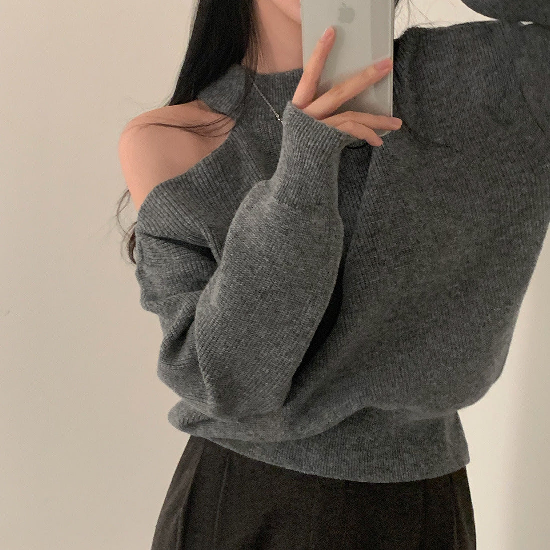 Retro Crew Neck Hollow Out Shoulder-baring Loose Sweater