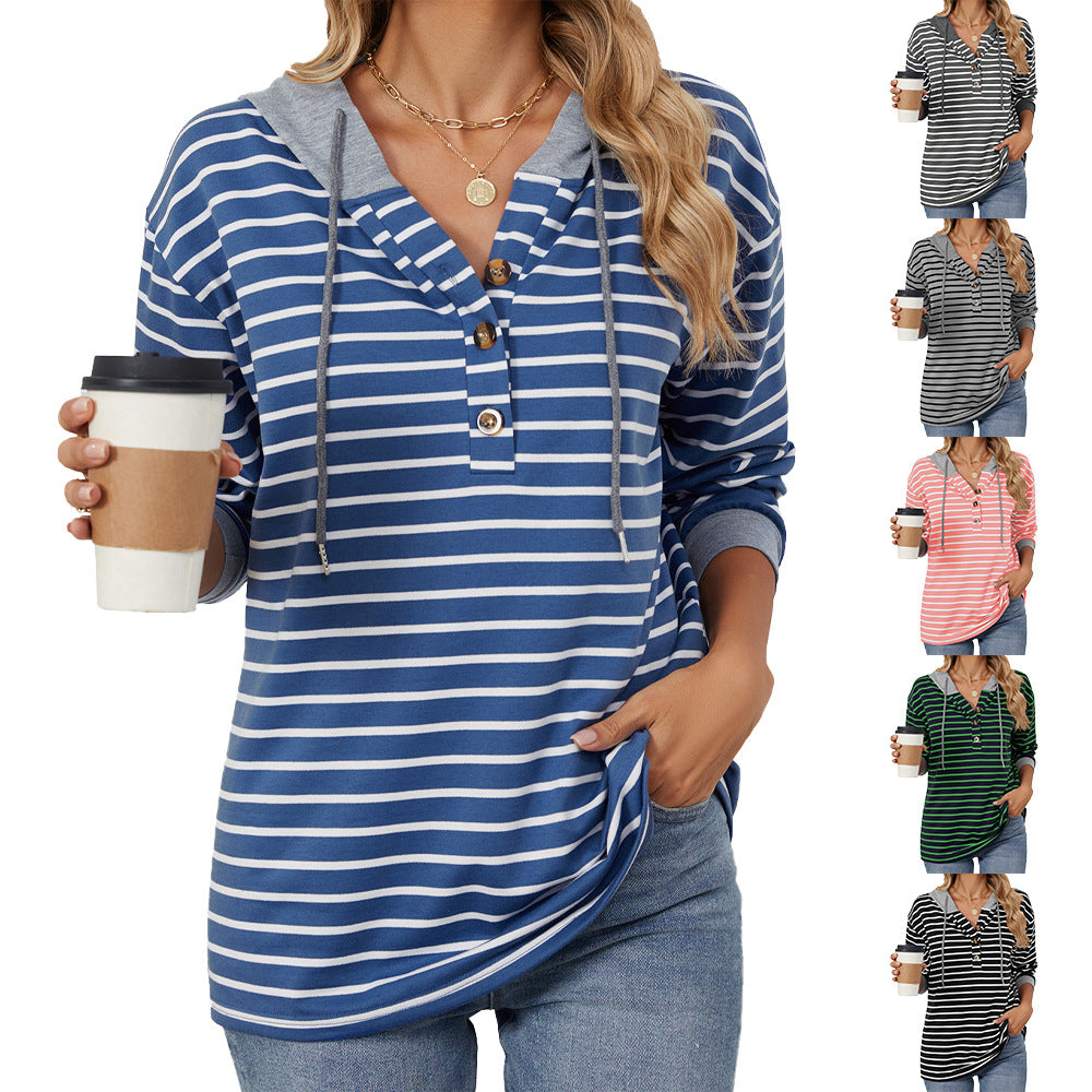 Women's Color Block Striped Hooded Loose Sweatshirt