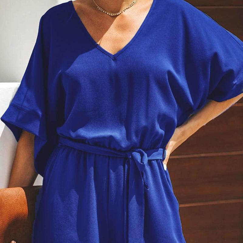 Casual Solid Color And V-neck Lace-up Short-sleeved Jumpsuit Shorts