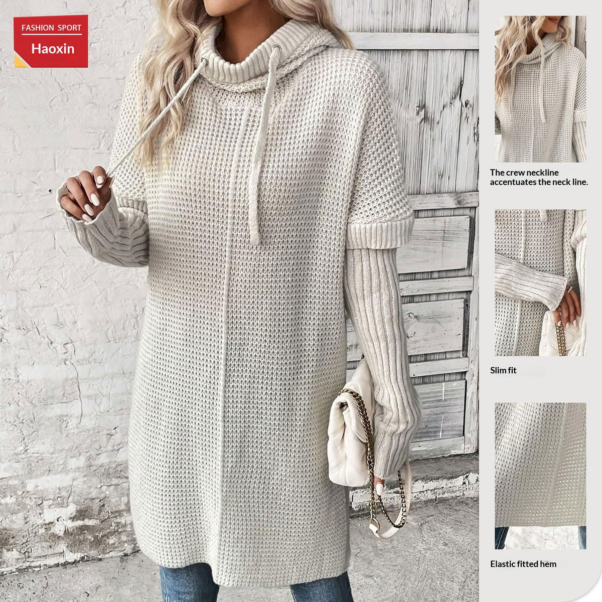 Sweater with Slits in the Sleeves and a Hooded Knitted Coat with a Slit Hem