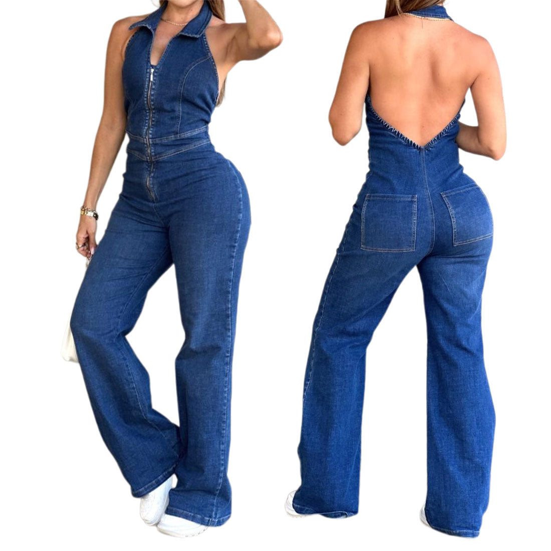 Retro Backless Denim Jumpsuit for Women