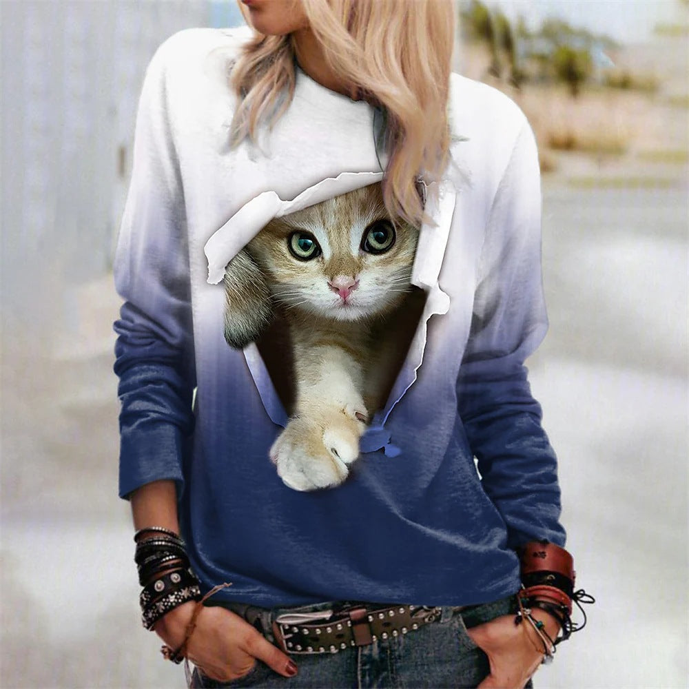 Gradient Cat Print Casual Pullover Sweatshirt
