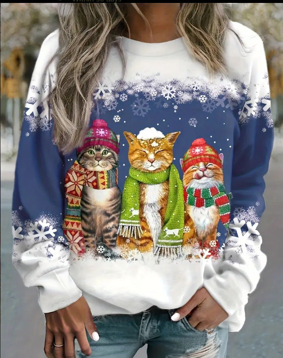 Festive Christmas Snowman & Cat Long Sleeve Casual T-Shirt