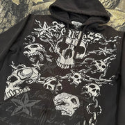 Punk Skull Print Loose Zip Hoodie Gothic Streetwear Sweatshirt