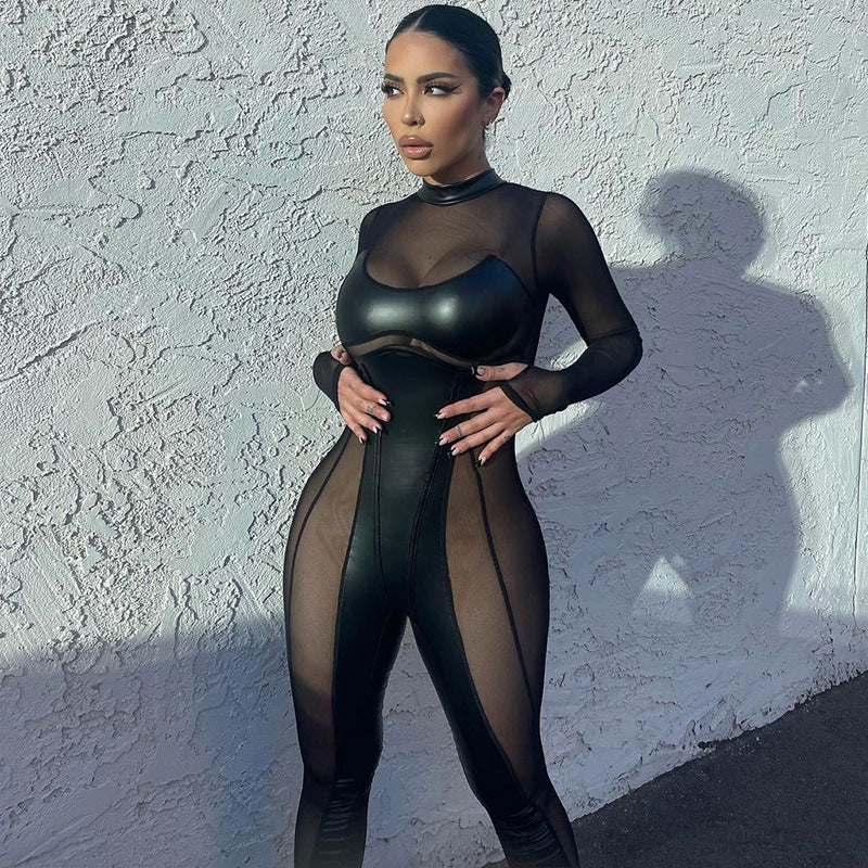 Spliced Mesh Sheer Long-Sleeve Sexy Black Jumpsuit