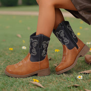 Chunky Heeled Square-Toe Ankle Boots in Faux Denim