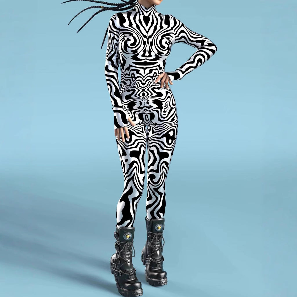 Edgy 3D Skull Print Form-Fitting Women's Bodysuit