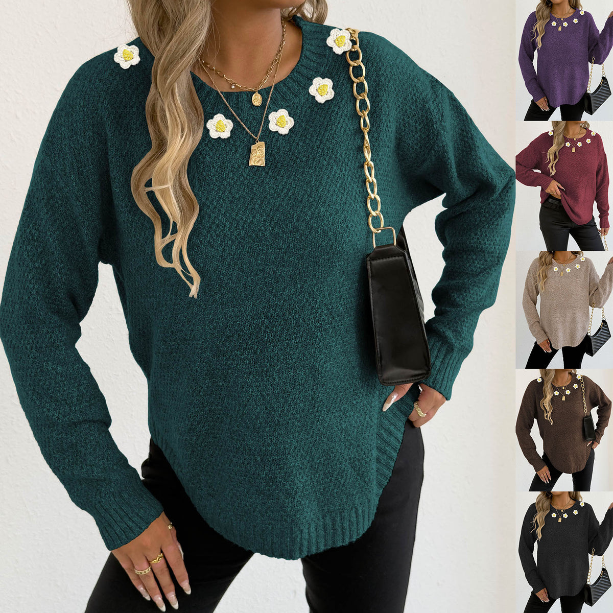 Women's Crochet Patchwork Round Neck Comfort and Casual Sweater