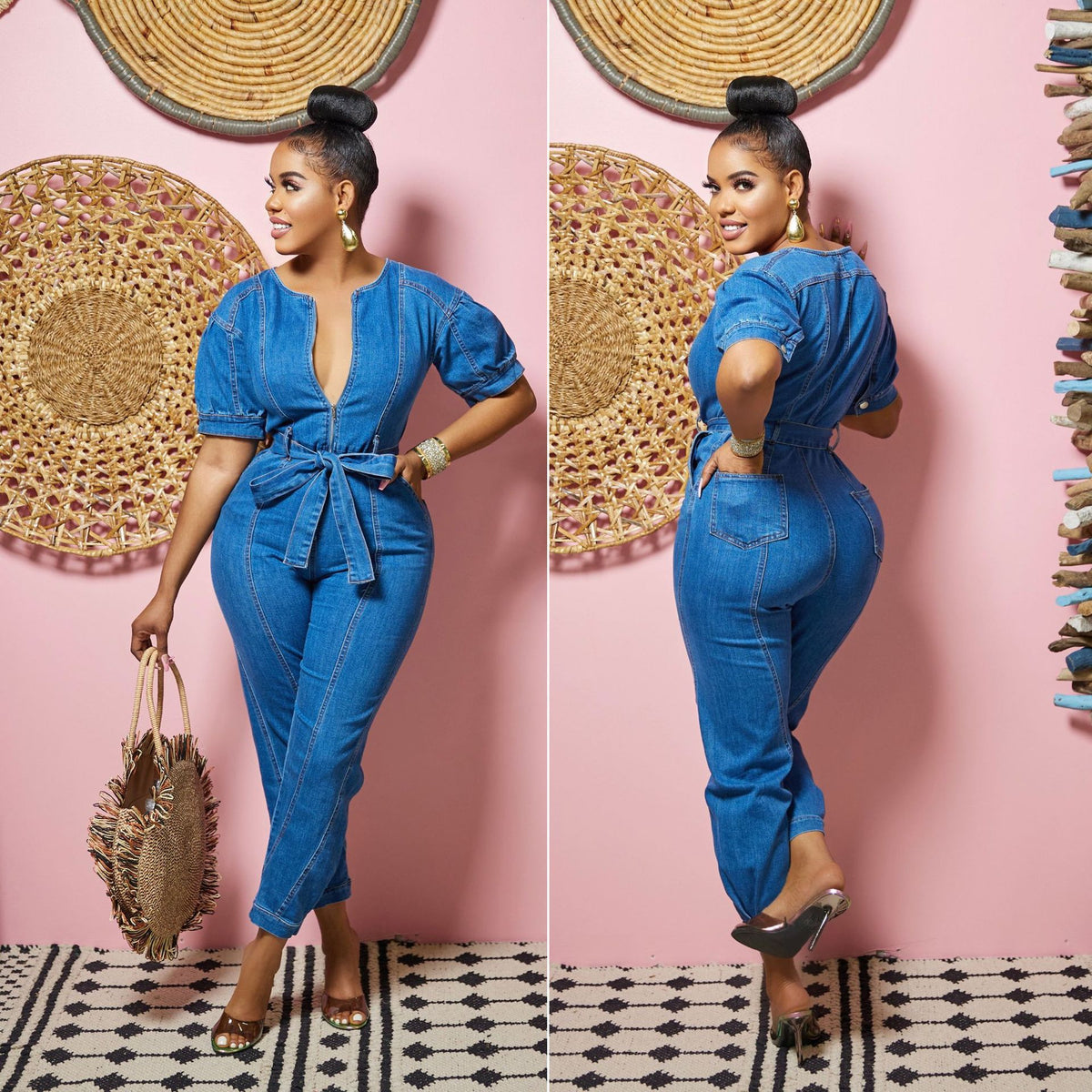 Women's Casual Blue Washed Denim Jumpsuit
