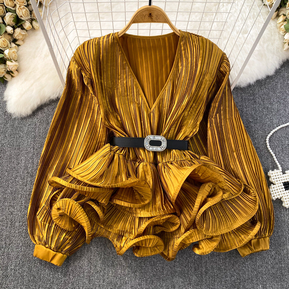 Lantern Long Sleeve V-neck Loose Belly-covering Waist Ruffle Hem Pullover Shirt