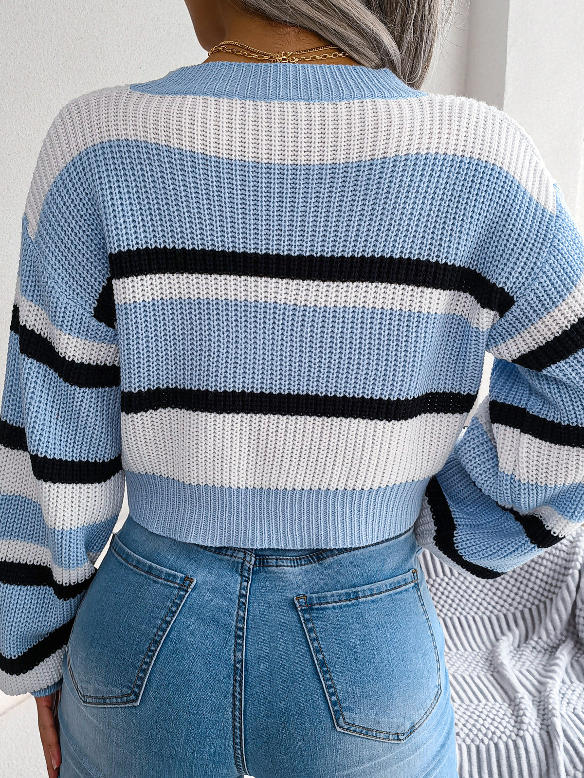Casual Striped Long Sleeve Cropped Knit Sweater