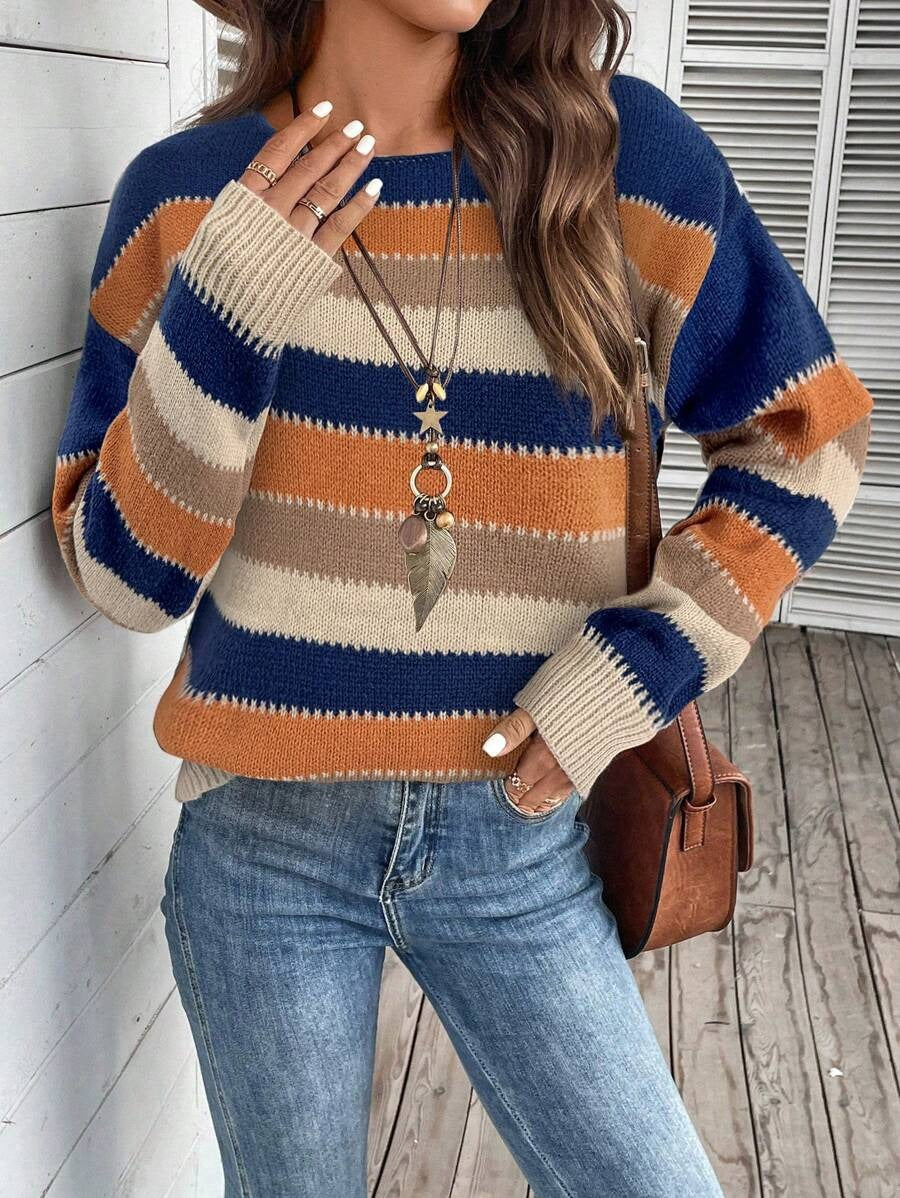 Ins Colorblock Striped Pullover Sweater Fashion Casual Long Sleeve Top Autumn and Winter Women's Clothing