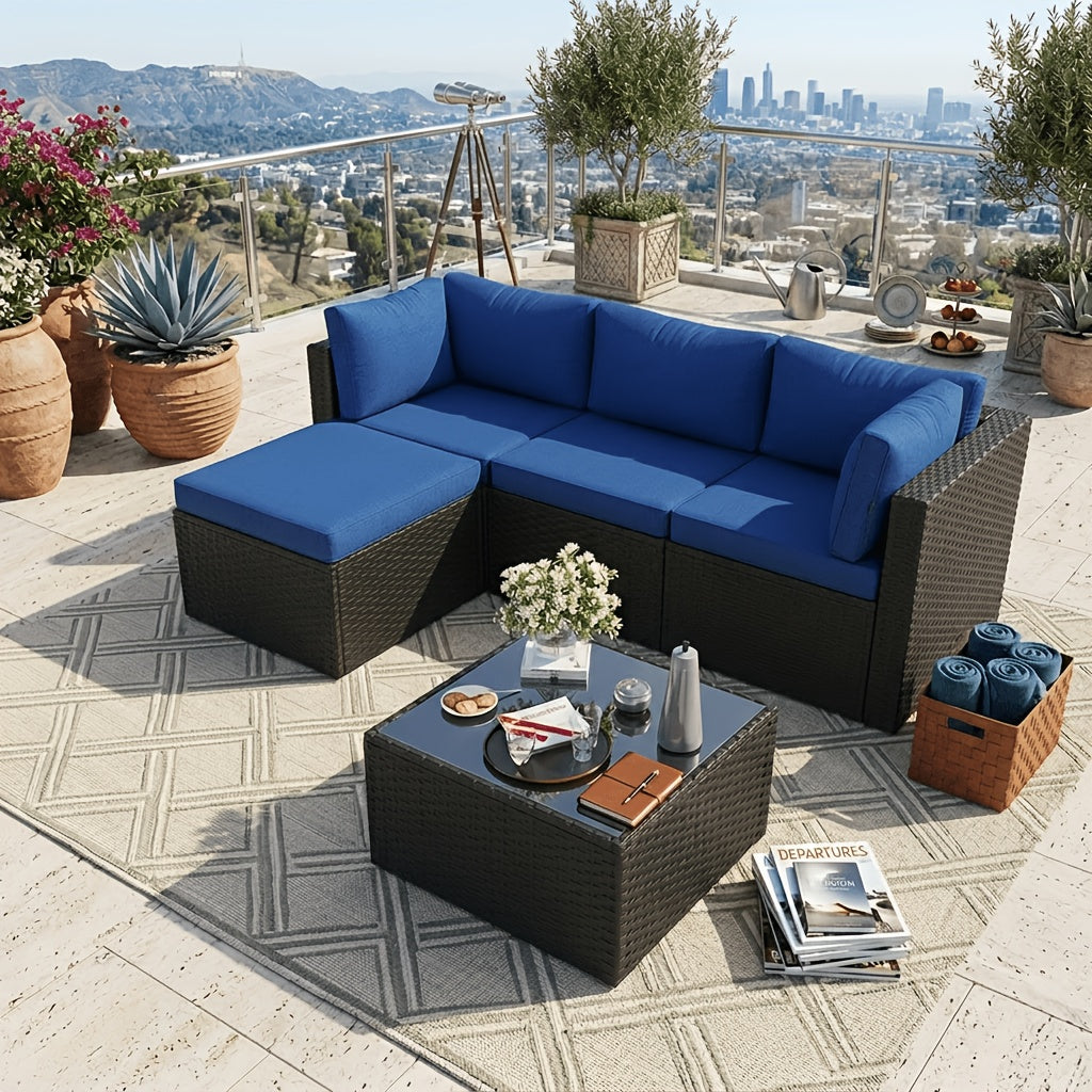 Discount! 5pcs L-Shaped Rattan Patio Sofa Set with Cushions, Glass Coffee Table And Ottoman, Perfect for Patio, Backyard, Garden, Balcony, Terrace, Poolside, Porch, Villa Outdoor Areas, Homestays, And Restaurant Outdoor Lounges