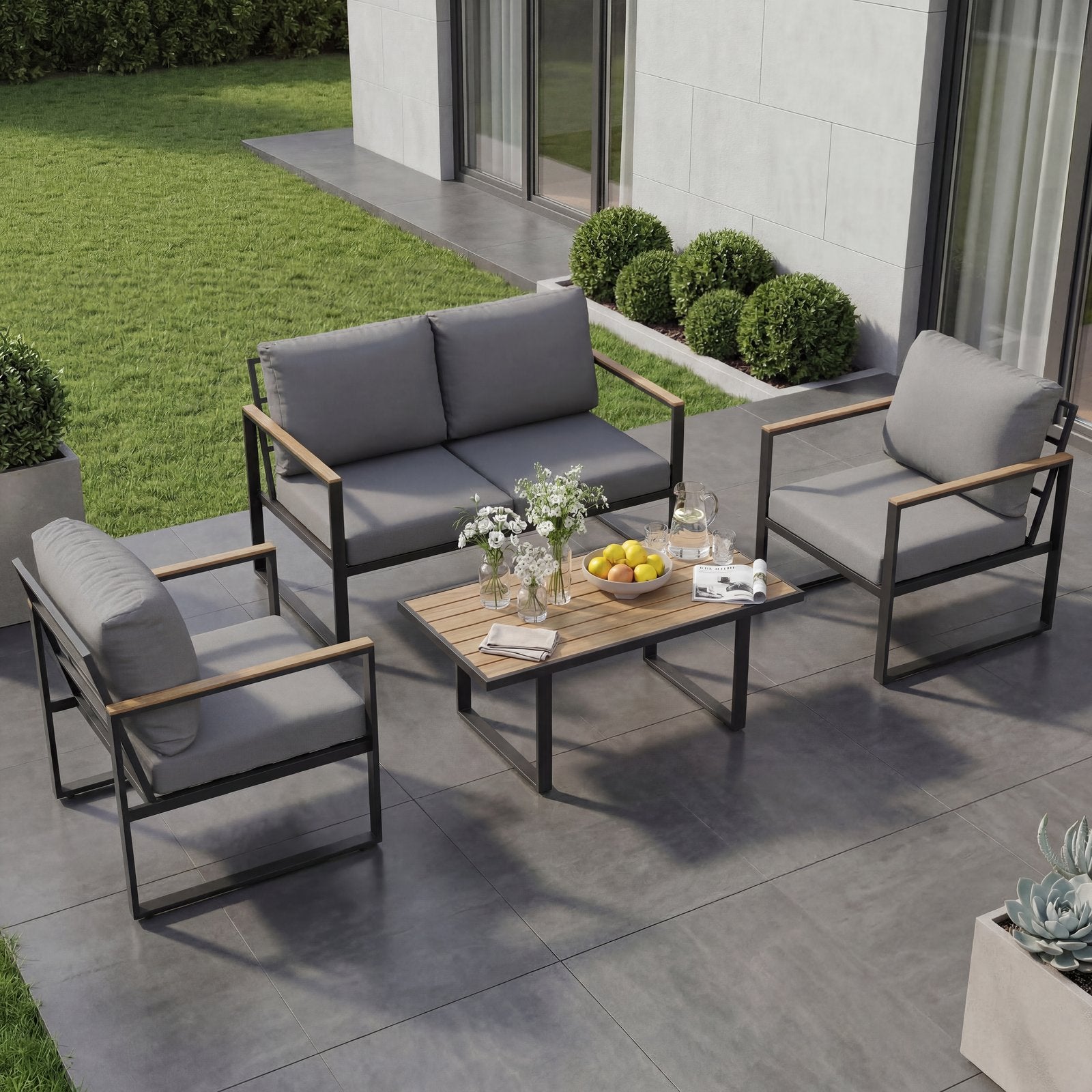 4pcs Patio Conversation Set • Outdoor Rattan Wicker Sofa with Coffee Table • Steel Frame Weather Resistant • Garden Balcony Furniture Set • Gray Cushions