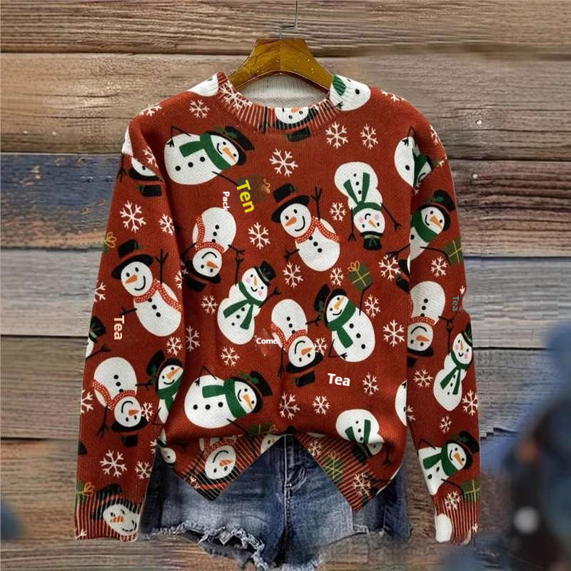 Christmas Snowman Red Festive Round Neck Sweater