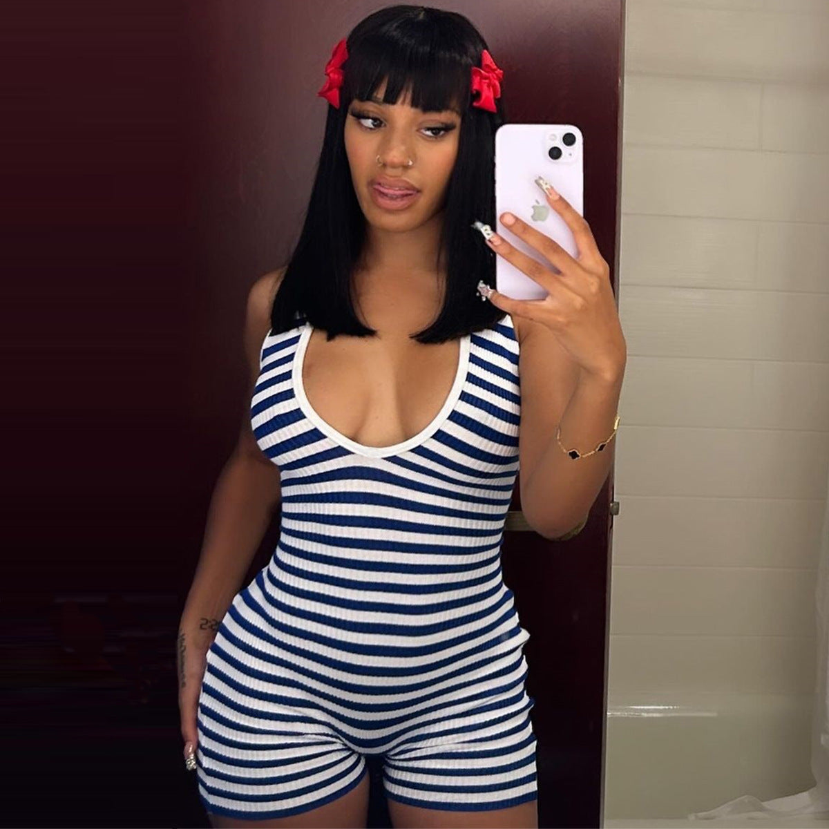 Striped Detachable Strap Slim Fit Jumpsuit