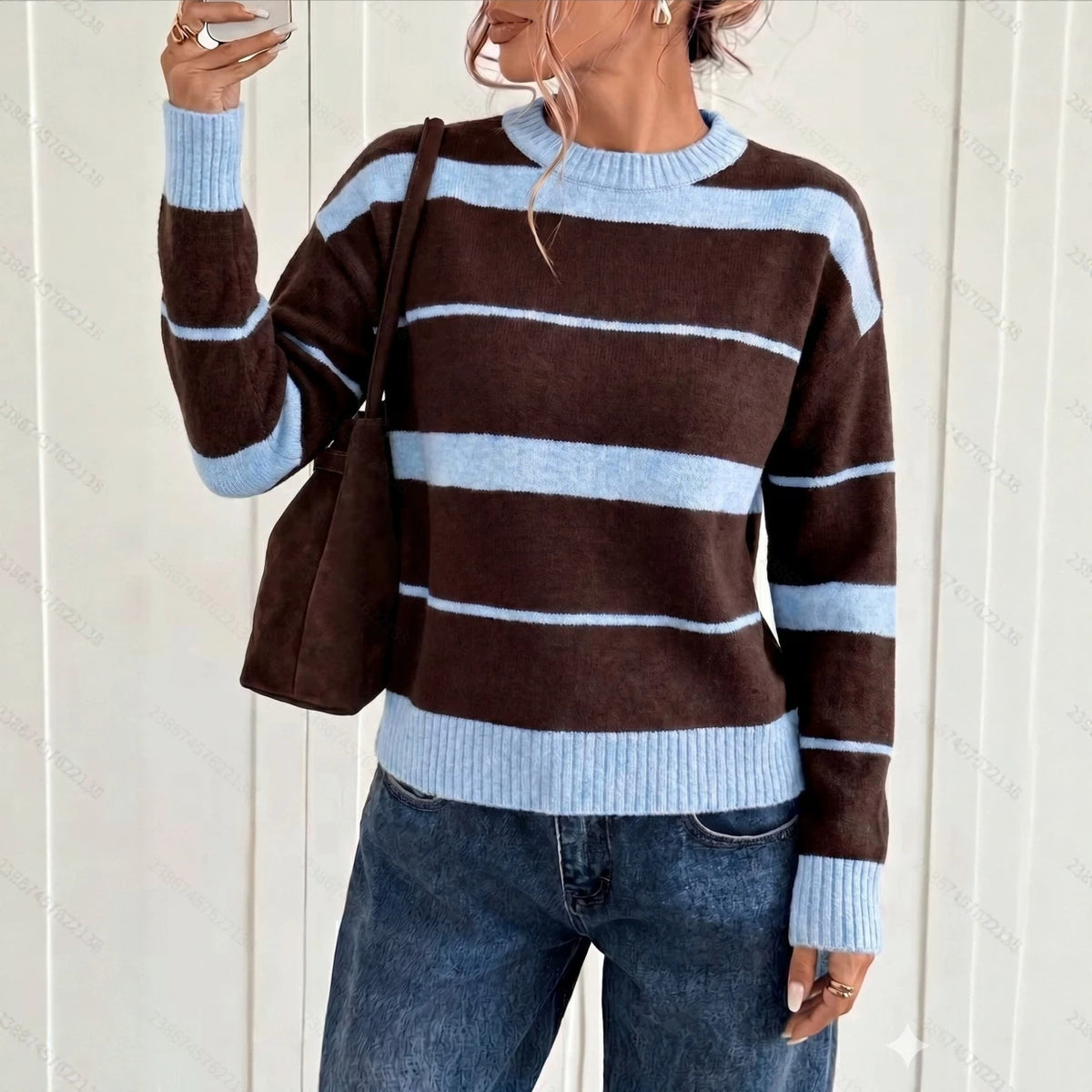 Fallwinter Fashionable Color Block Striped Knitted Pullover