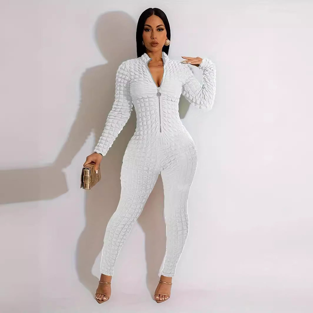 Solid Color Casual Popcorn Seersucker Zipper Jumpsuit