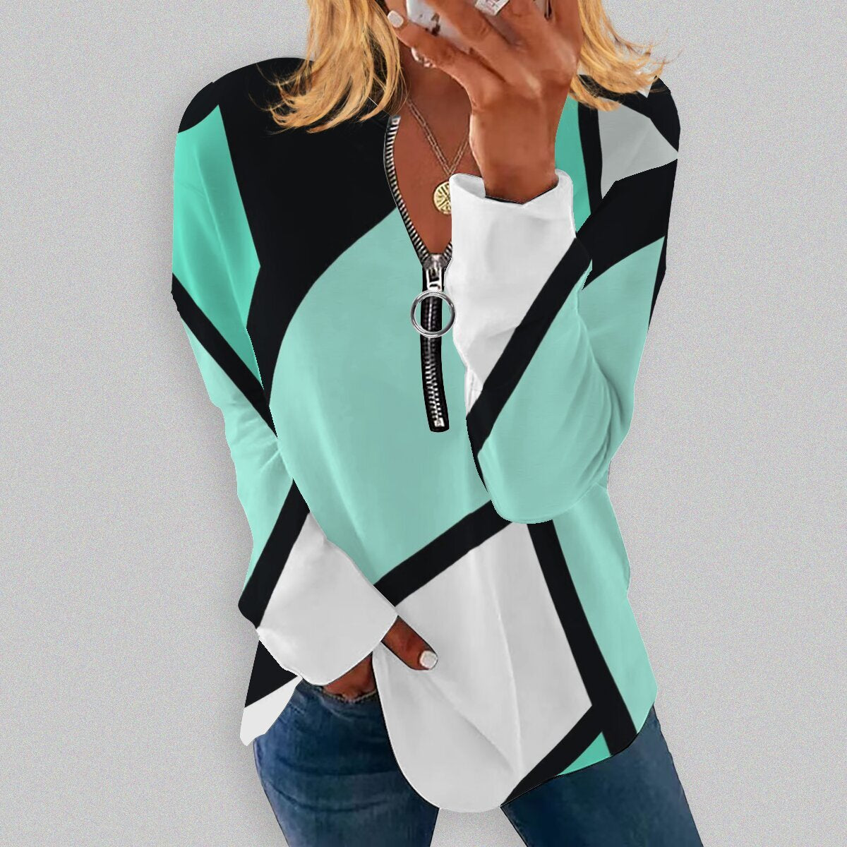 Geometric Print Retro Long-Sleeve Zip Pullover