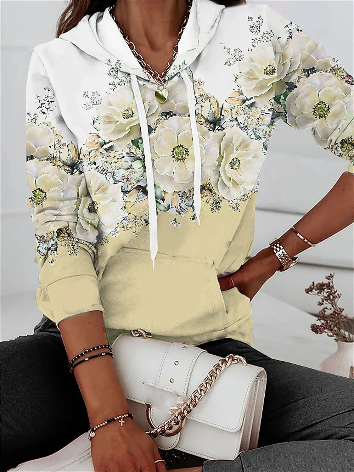 Hooded Sweater Floral Print Leisure Pullover Long Sleeve