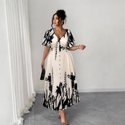 V-neck Floral-print Dress with Button Detailing