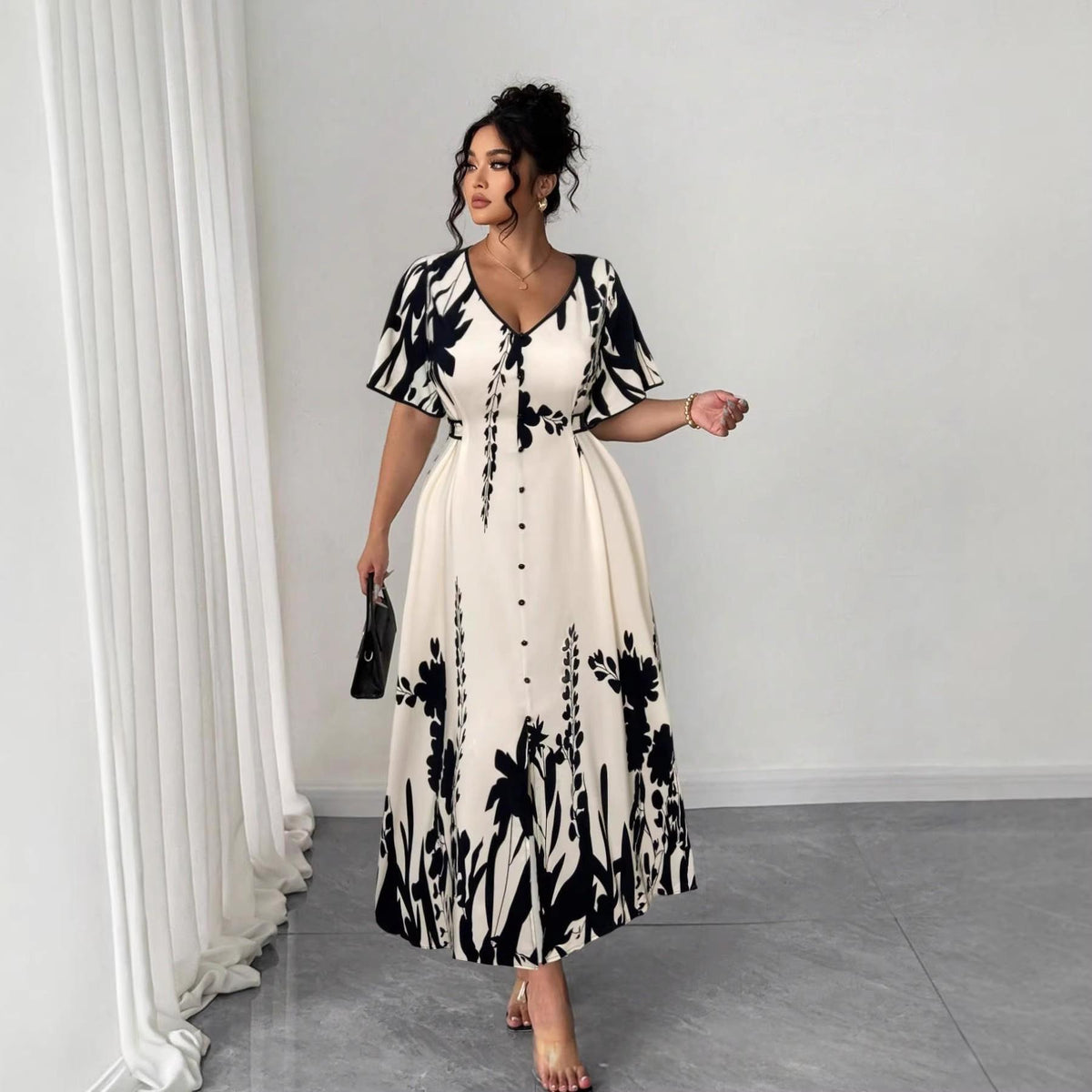 V-neck Floral-print Dress with Button Detailing
