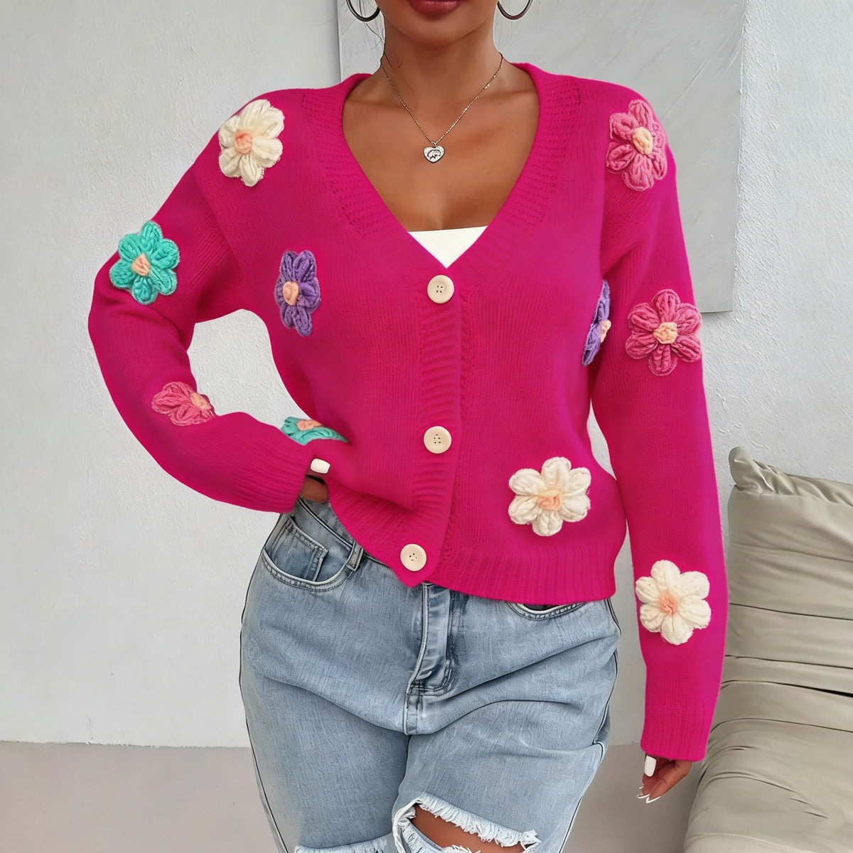 Womens Knitted Cardigan with Three-dimensional Floral Pattern and Hand-embroidered Flowers