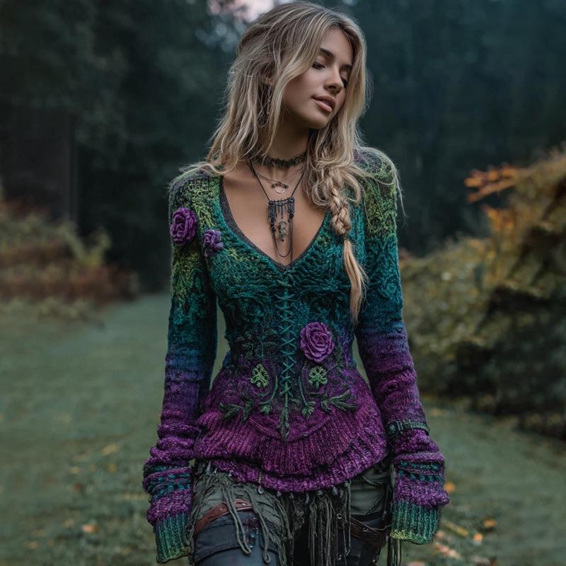 V-neck Pullover with a Premium Printed Faux-knit Design