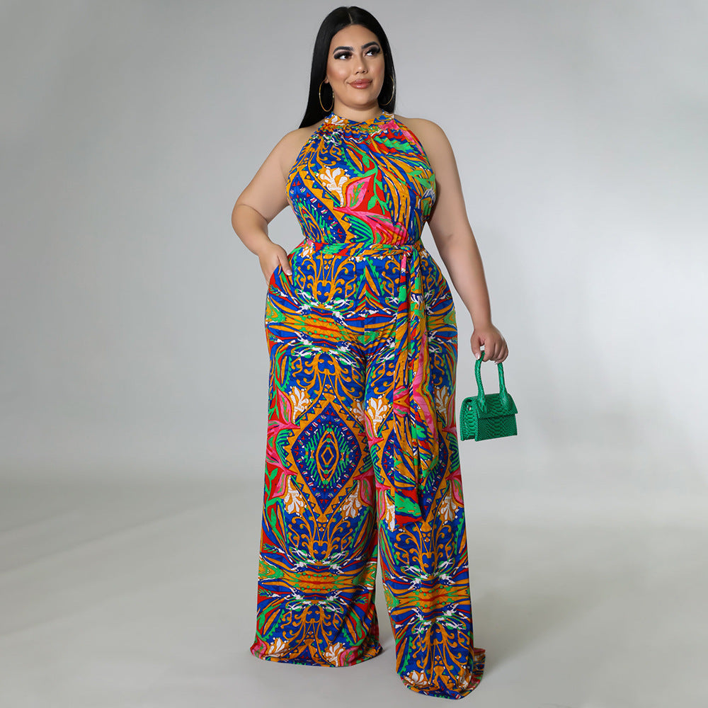 Plus Size Halterneck Printed Jumpsuit with Belt