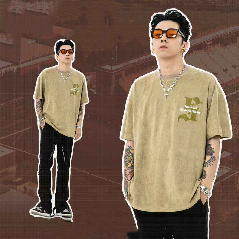 Retro Letter Print Suede Short Sleeve Tee