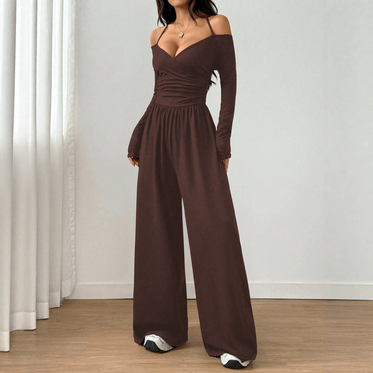V-neck Halter Lace-up Long-sleeve Jumpsuit For Women