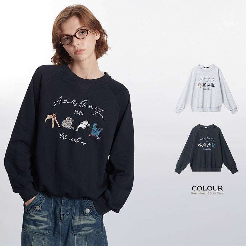 Retro Embroidered Round Neck Loose Long Sleeve Sweater