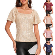 Sequin Puffed Sleeve Short Sleeve Tops for Women