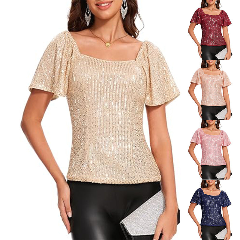 Sequin Puffed Sleeve Short Sleeve Tops for Women