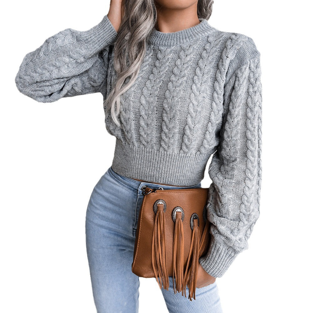 European and American-style Cabled Waist-cinching Cropped Knit Sweater