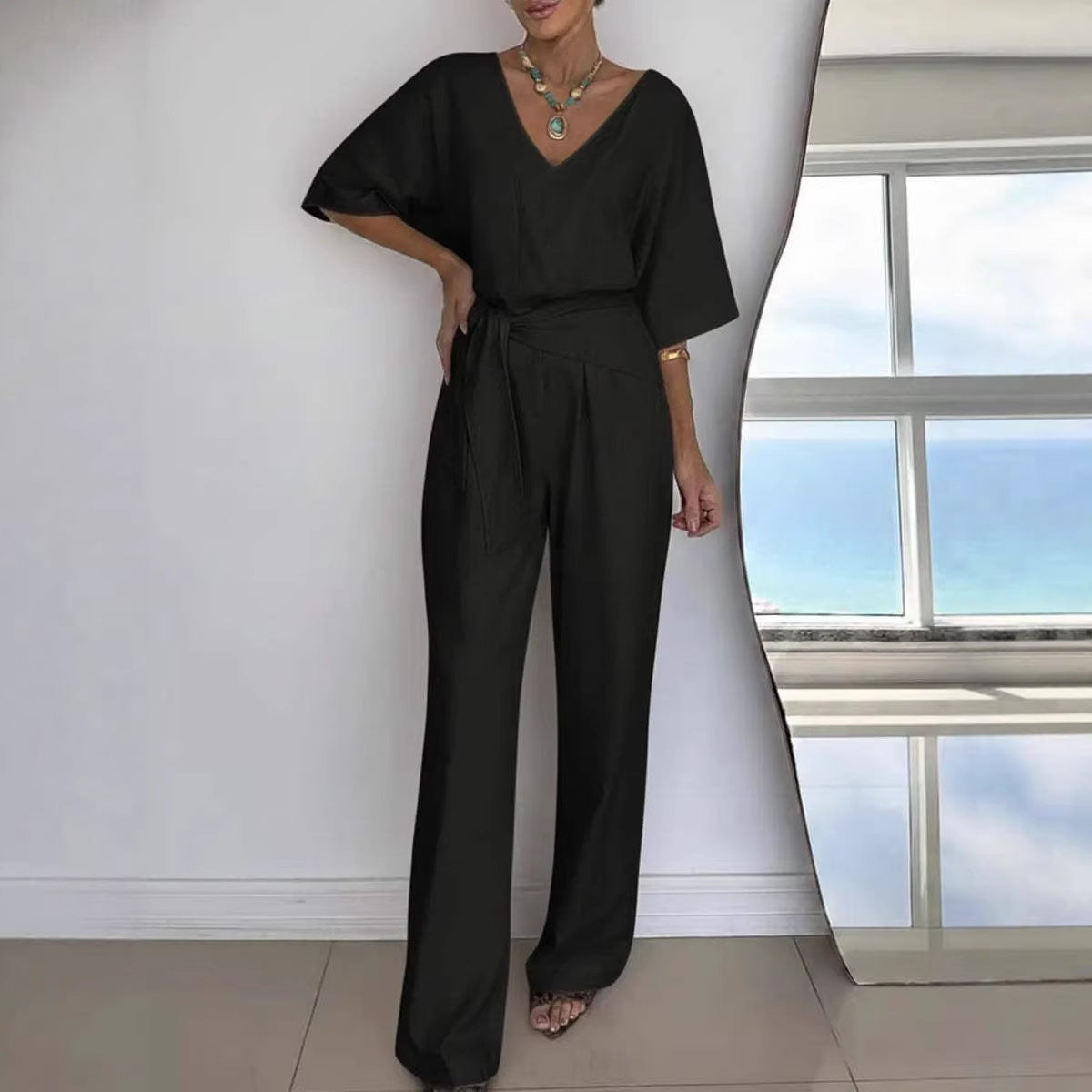 Womens V-neck Casual Mid-length Sleeve Belted Jumpsuit
