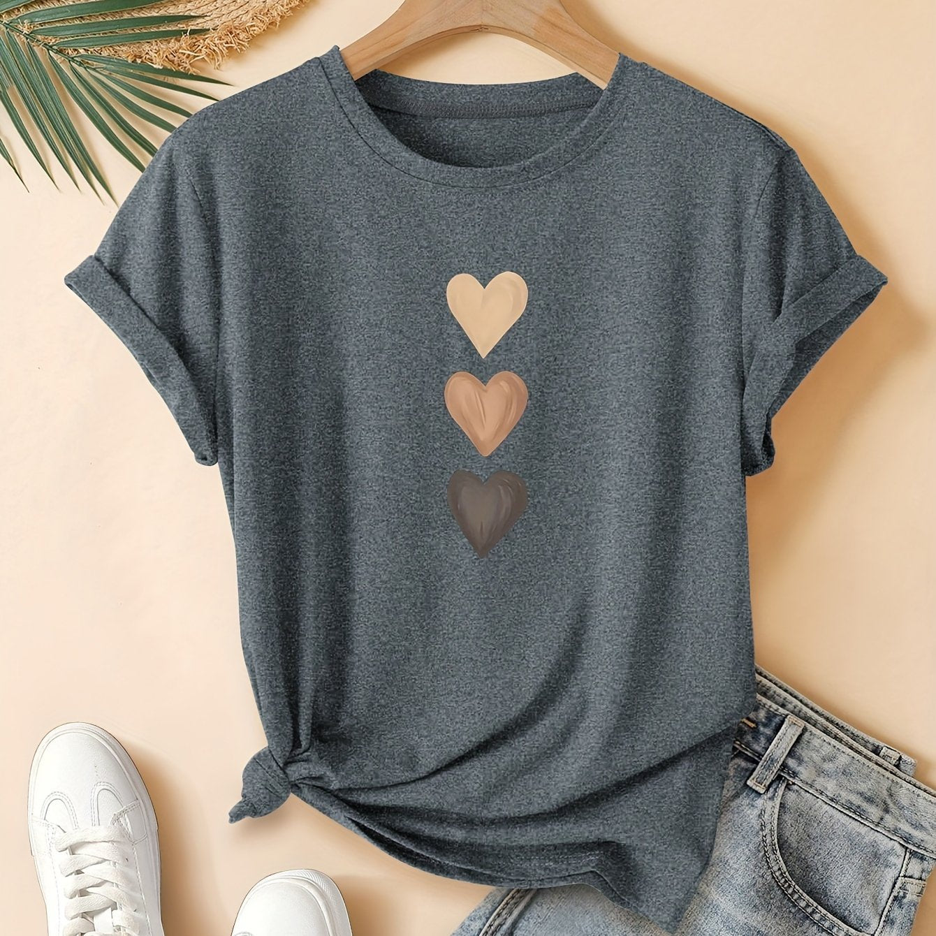 Three‑Heart Print Casual Summer T‑Shirt for Women – Soft Cotton, Short Sleeve