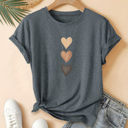 Three‑Heart Print Casual Summer T‑Shirt for Women – Soft Cotton, Short Sleeve