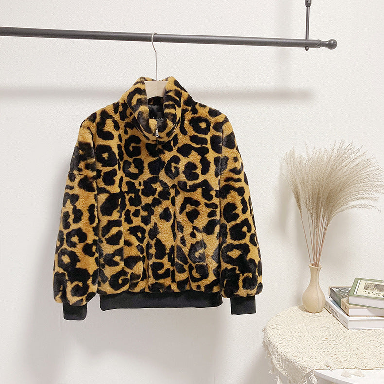 Leopard Print Faux Fur Stitching Women's Winter Sweater