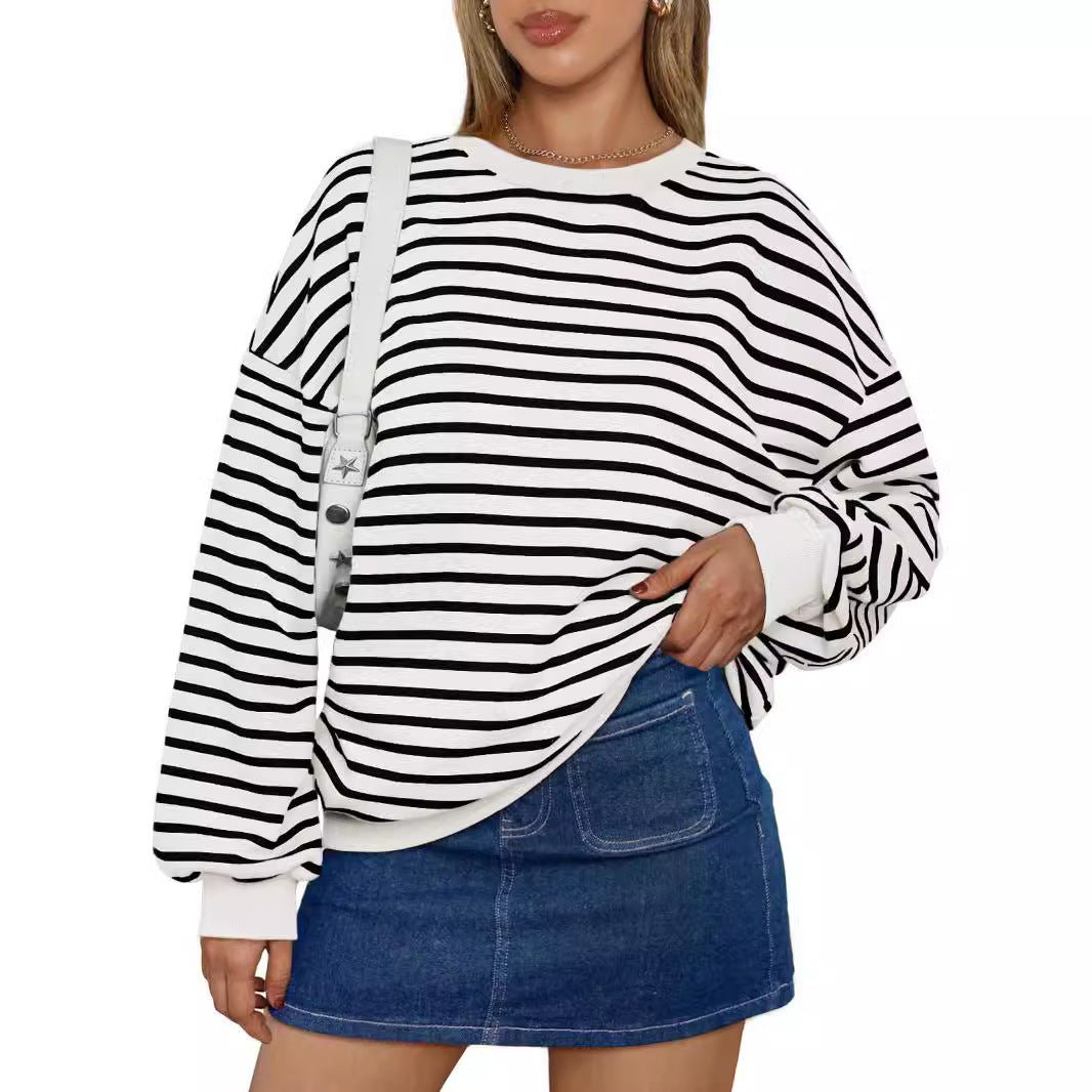 Women's Colorful Striped Loose Round Neck Sweatshirt