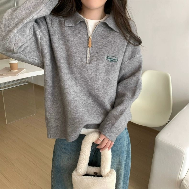 Korean Chic Polo Zipper Knit Sweater
