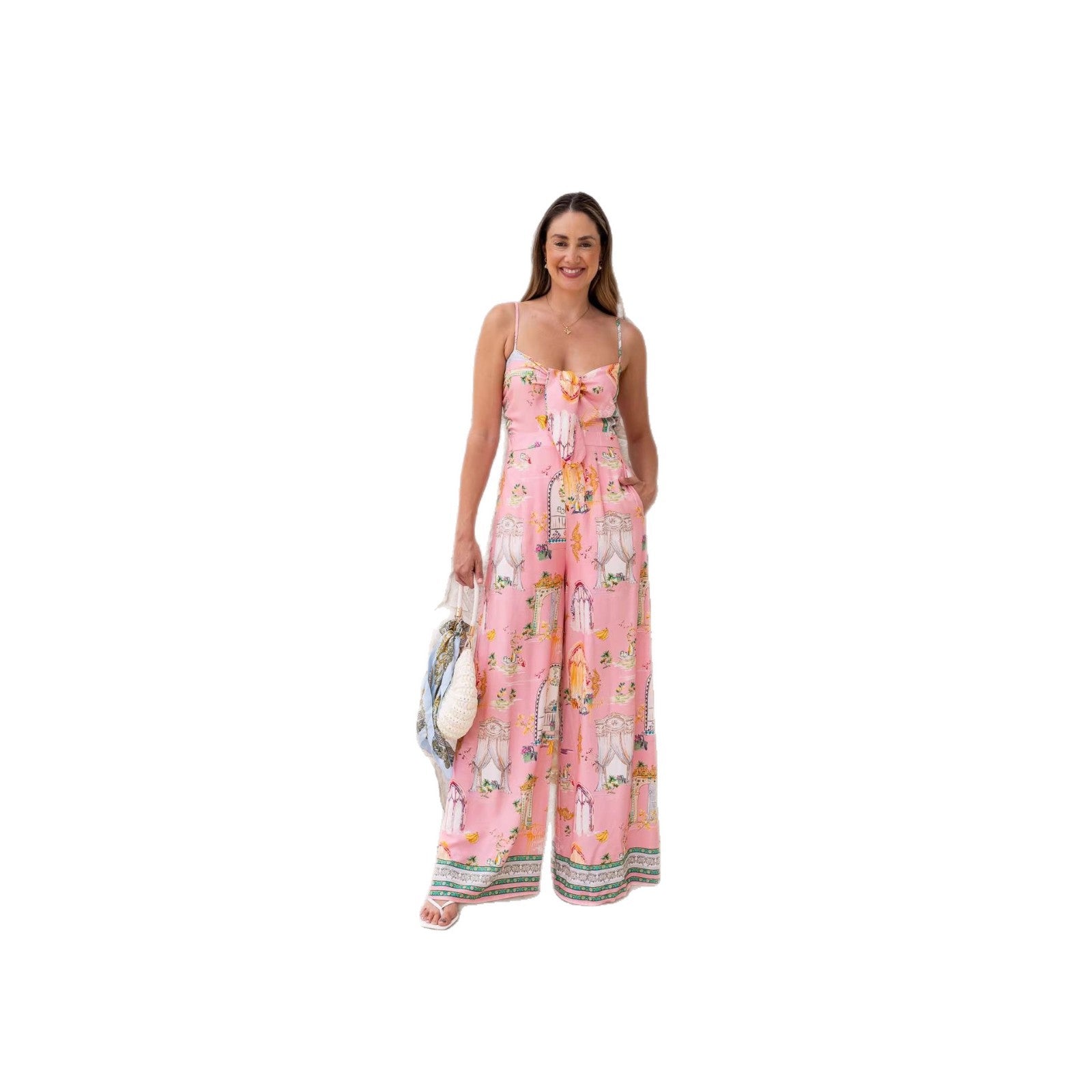 Fashionable V-Neck Suspender Wide-Leg Lace-Up Jumpsuit