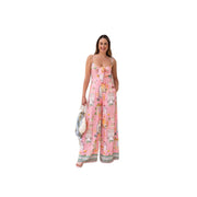 Fashionable V-Neck Suspender Wide-Leg Lace-Up Jumpsuit