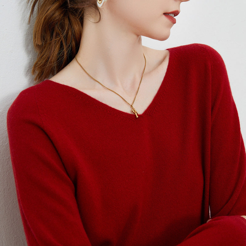 Pure Wool V-Neck Long-Sleeve Sweater for Women