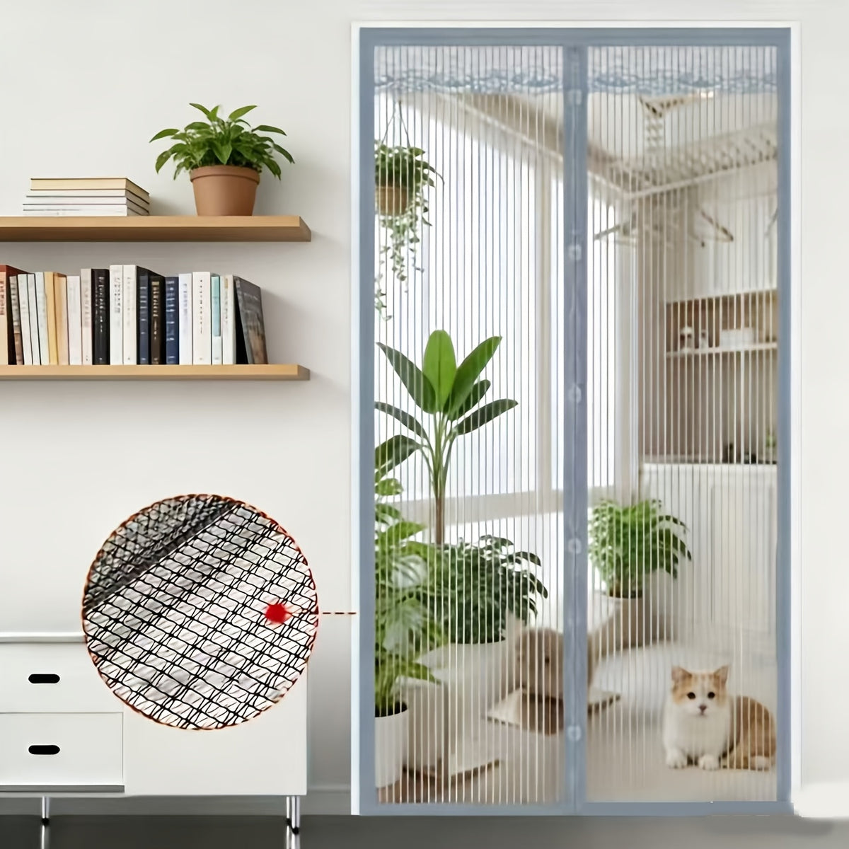 Magnetic Screen Door Curtain - Manual or Automatic Closing Mesh, White Stripe Design, Mosquito-proof Summer Breathable Partition, Suitable for Living Room, Bedroom, Garage, Kitchen - No Drilling Neede
