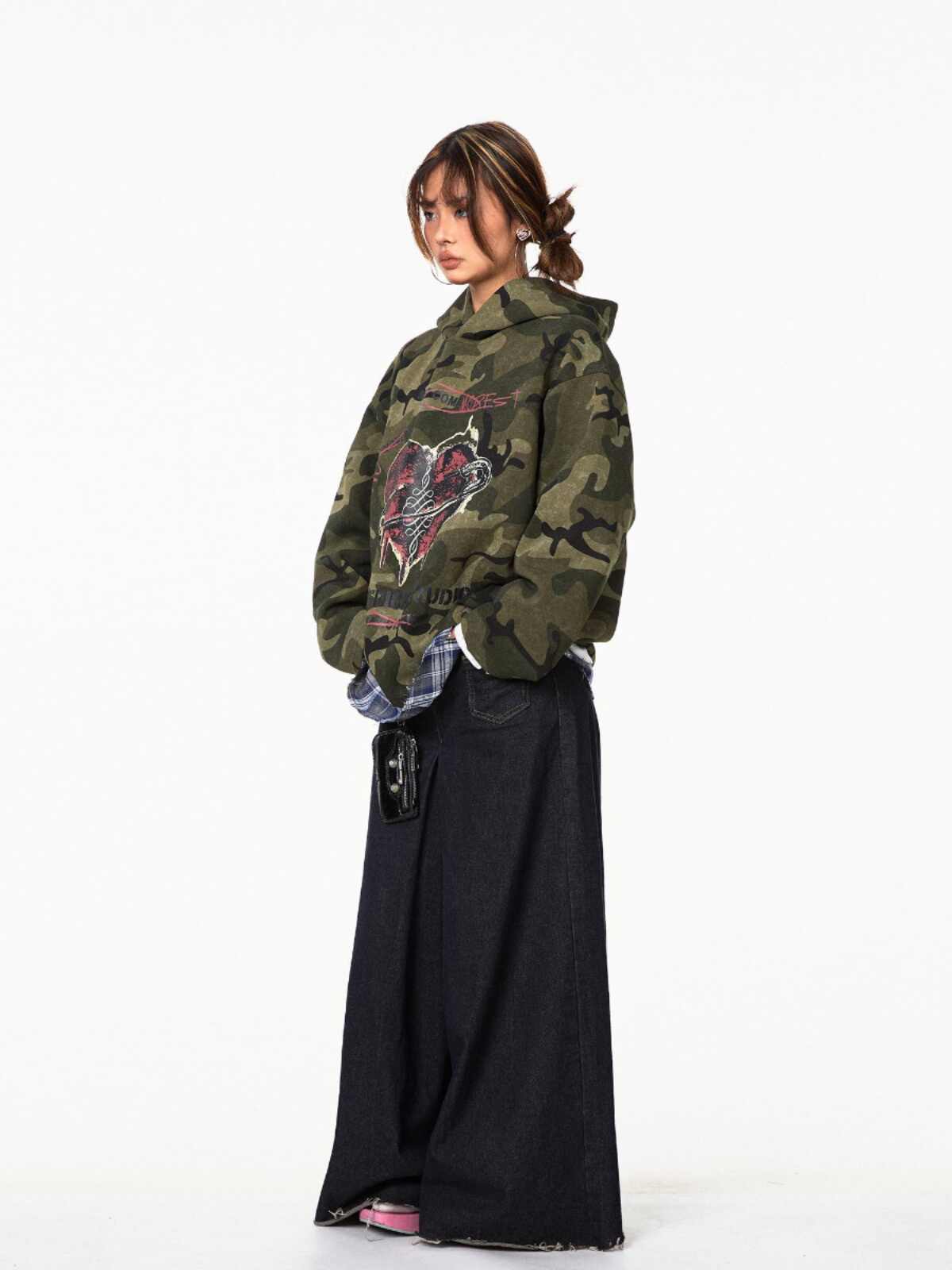 Retro Love Camouflage Hoodie Loose Pullover Top