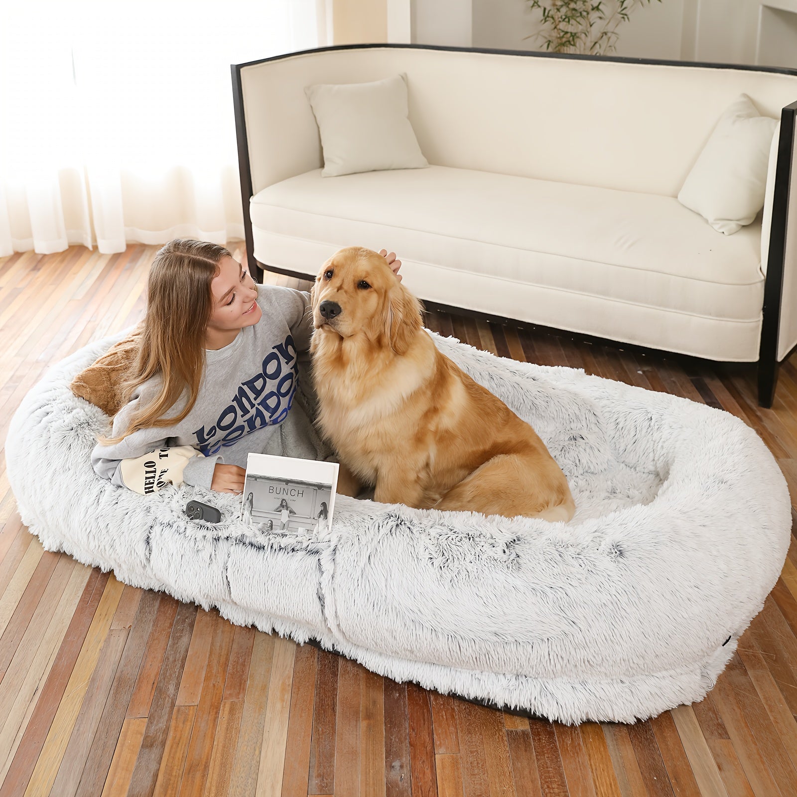Yaem Human & Dog Bed For People & Pets - Orthopedic Washable Faux Fur Oval Pet Bed With Plump Pillow & Blanket, Non-Slip Bottom & Storage Bag, Grey - Fits Medium/Large/Small Dogs, Cozy Nap Spot, Co...